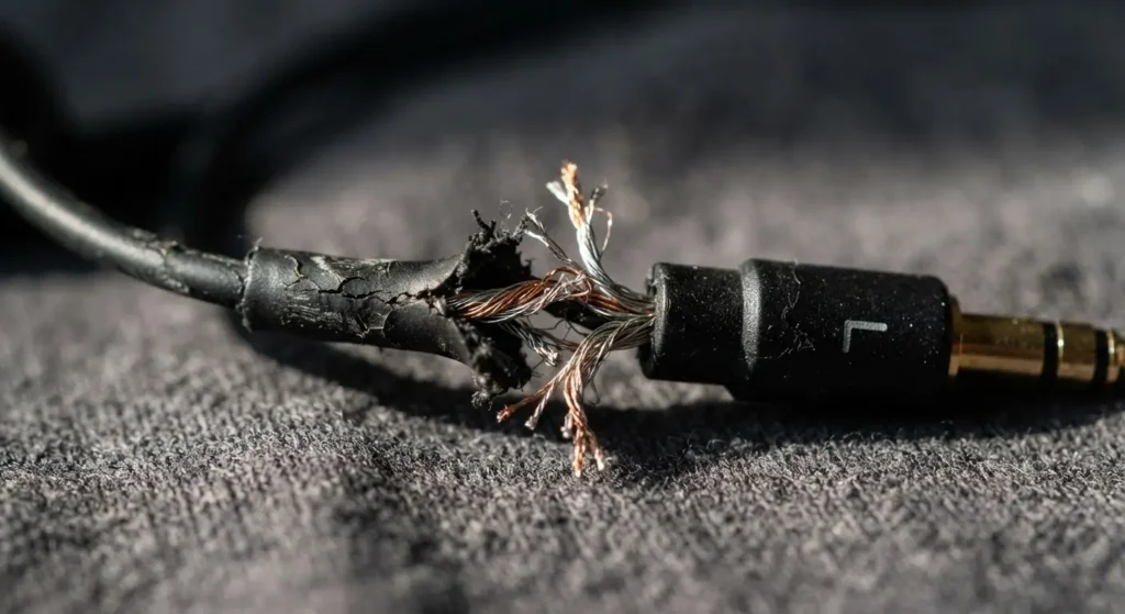 worn and frayed wired earphone cable close-up